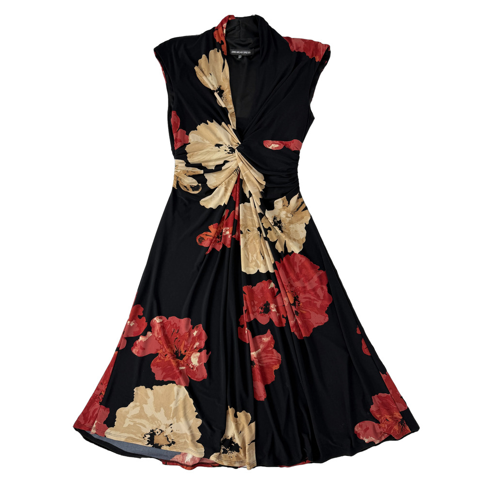 Jones‎ Wear Womens Dress 8 Black Red Floral Ruched Twist Front V Neck Sleeveless